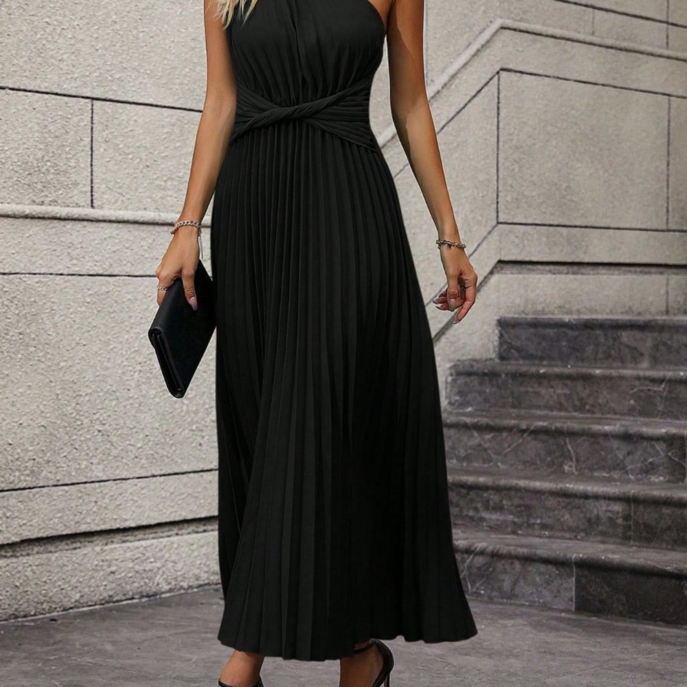 Black Casual Womens One Shoulder Twist Front Pleated Hem Dress - Picture 3 of 5